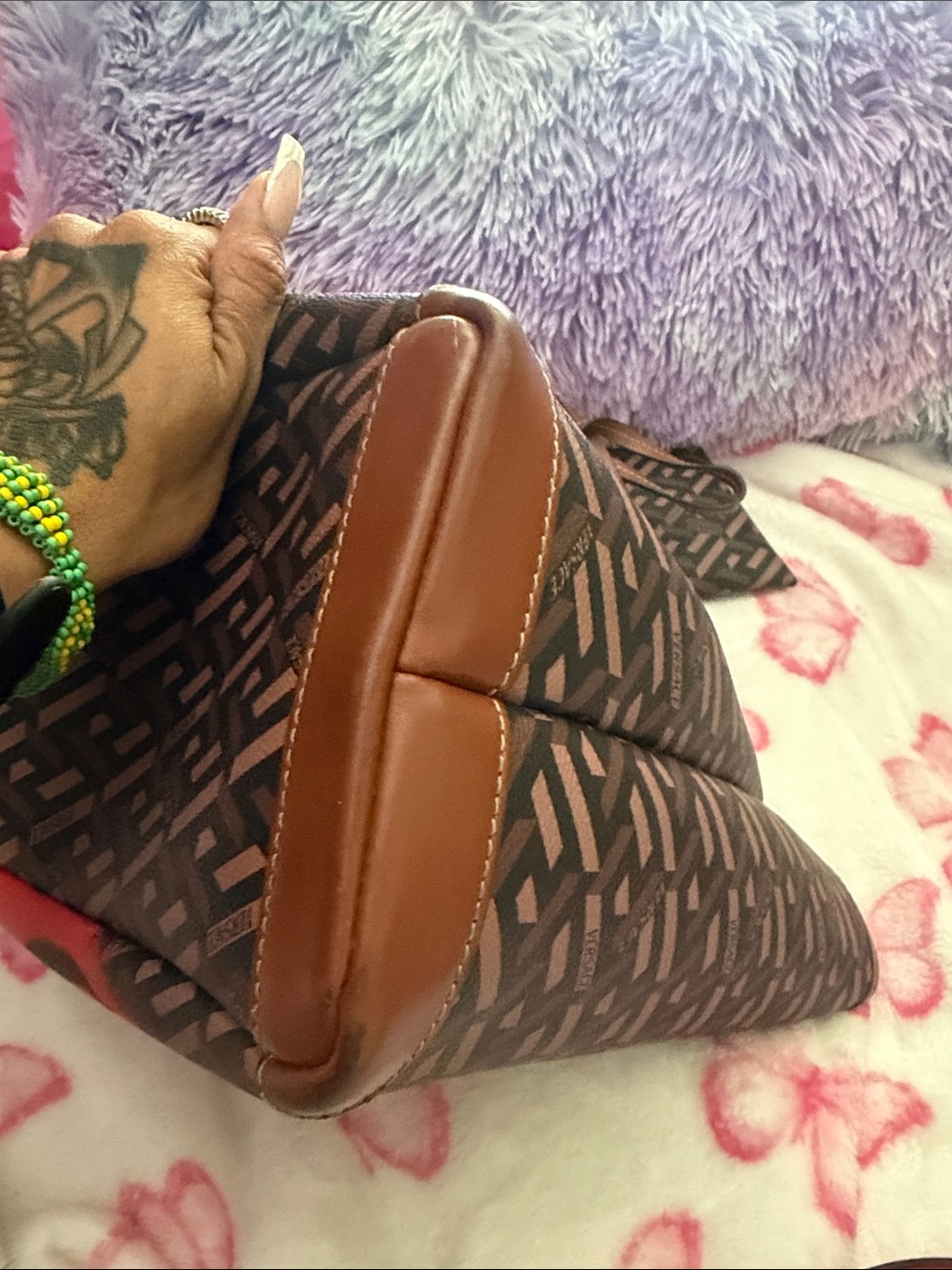 Versace Brown Tote with Neon Red Logo and Lime Accents - Picture 12 of 14
